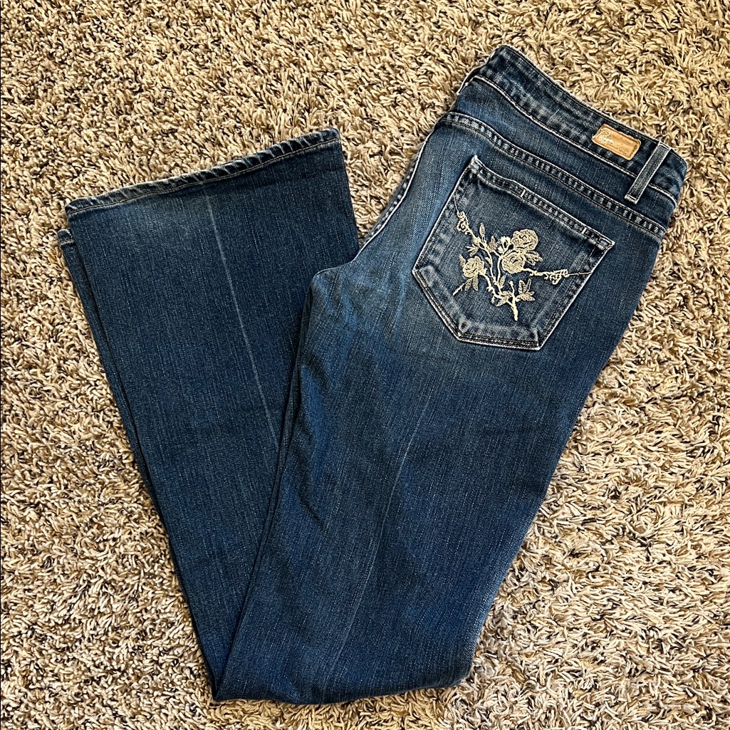 Paige Dark Blue Flare Jeans With Floral Detail